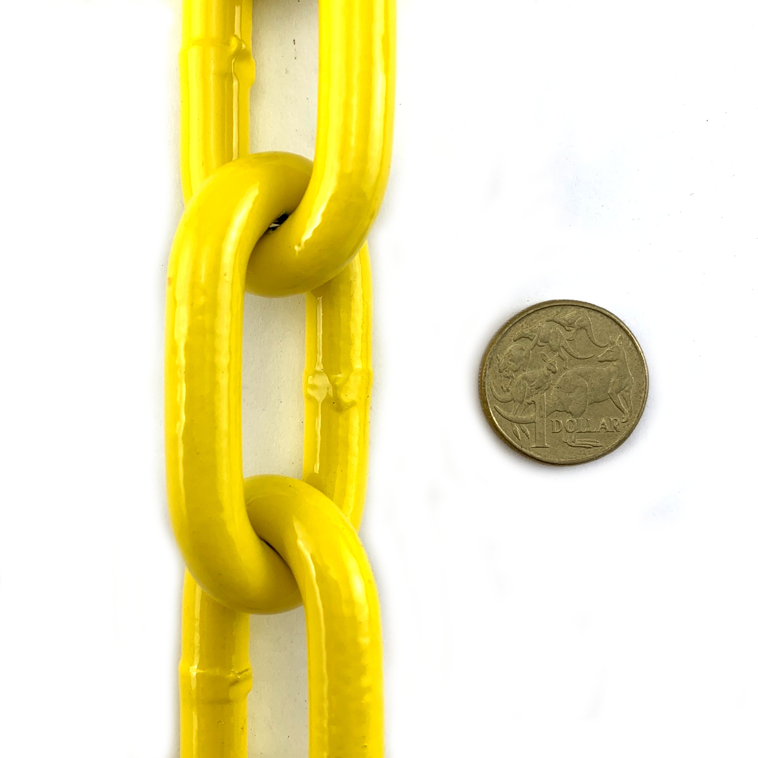 Yellow powder coated welded steel chain, size 10mm in a 25kg bucket. Melbourne, Australia.