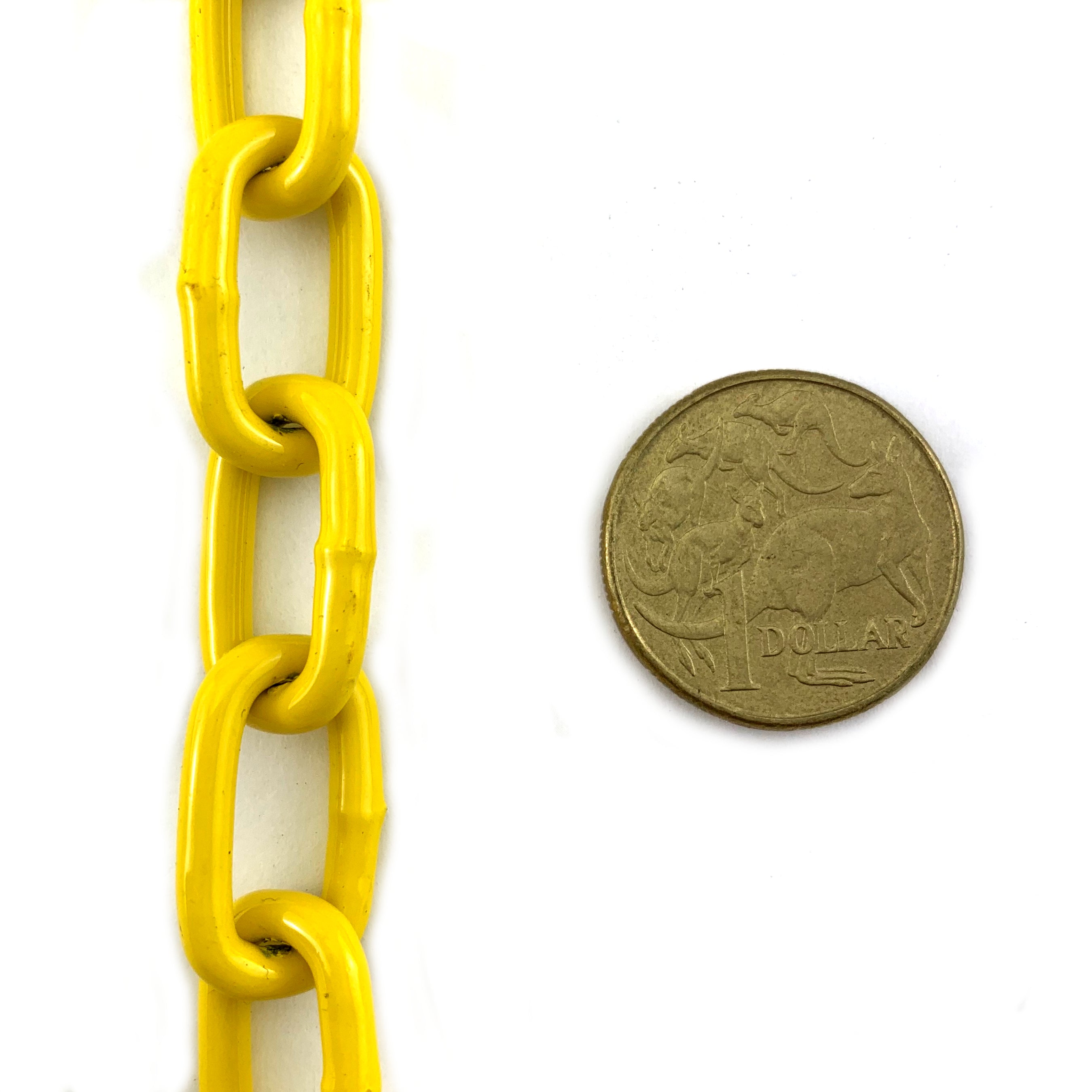 Yellow powder coated welded steel chain, size 3mm in a 25kg bucket. Melbourne, Australia.