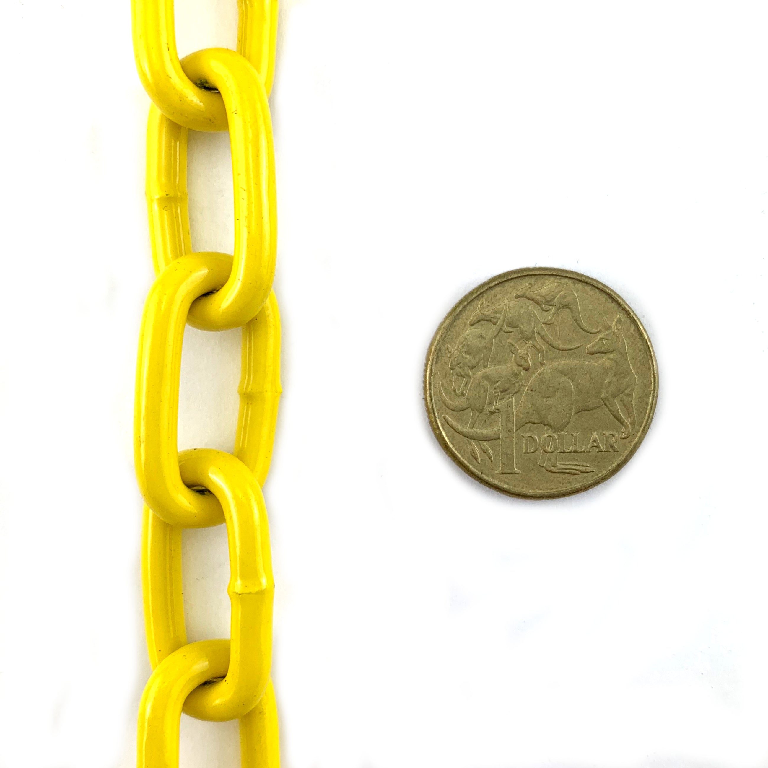 Yellow powder coated welded steel chain, size 4mm in a 25kg bucket. Melbourne, Australia.