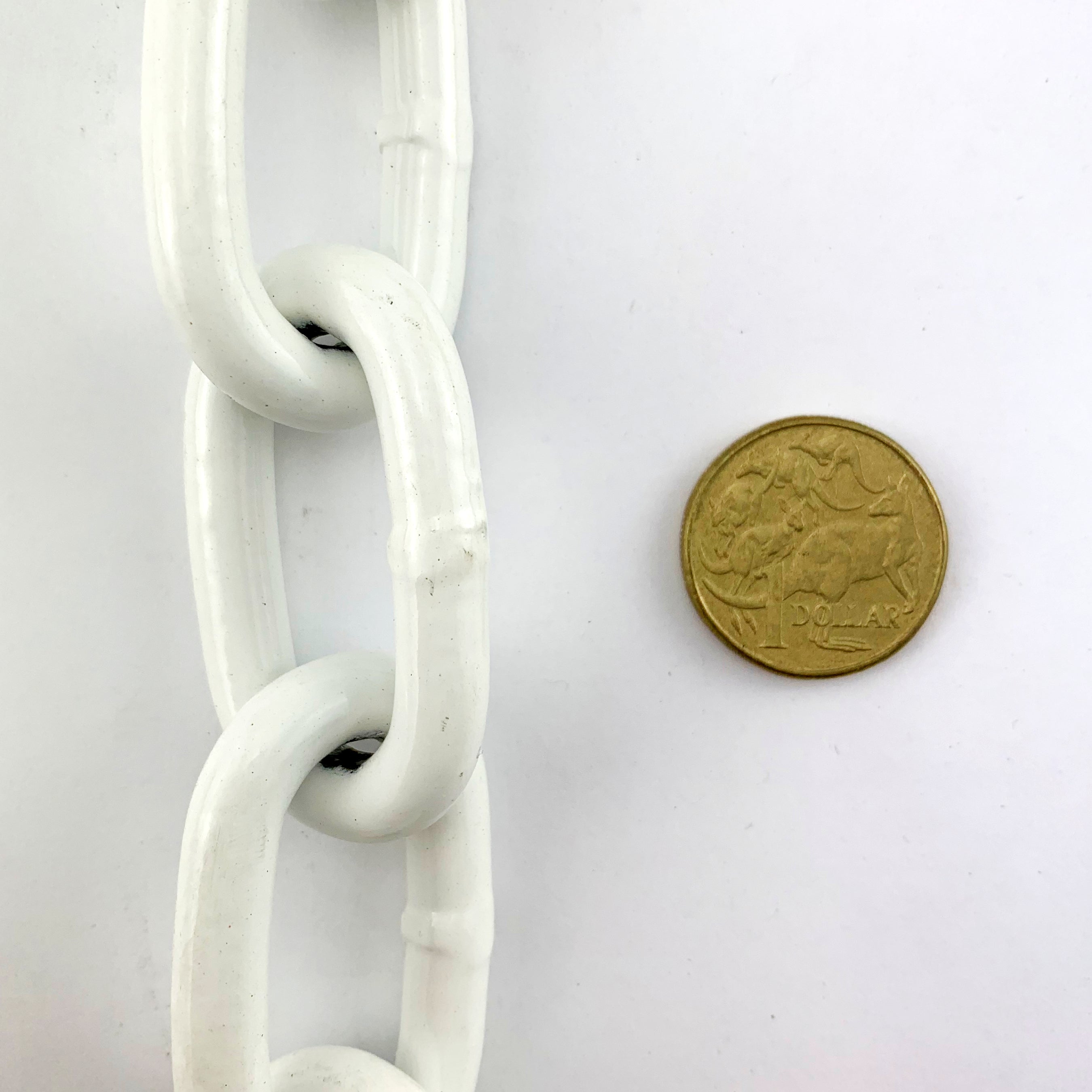 White powder coated welded steel chain, size 8mm. Chain by the metre. Australia wide delivery.