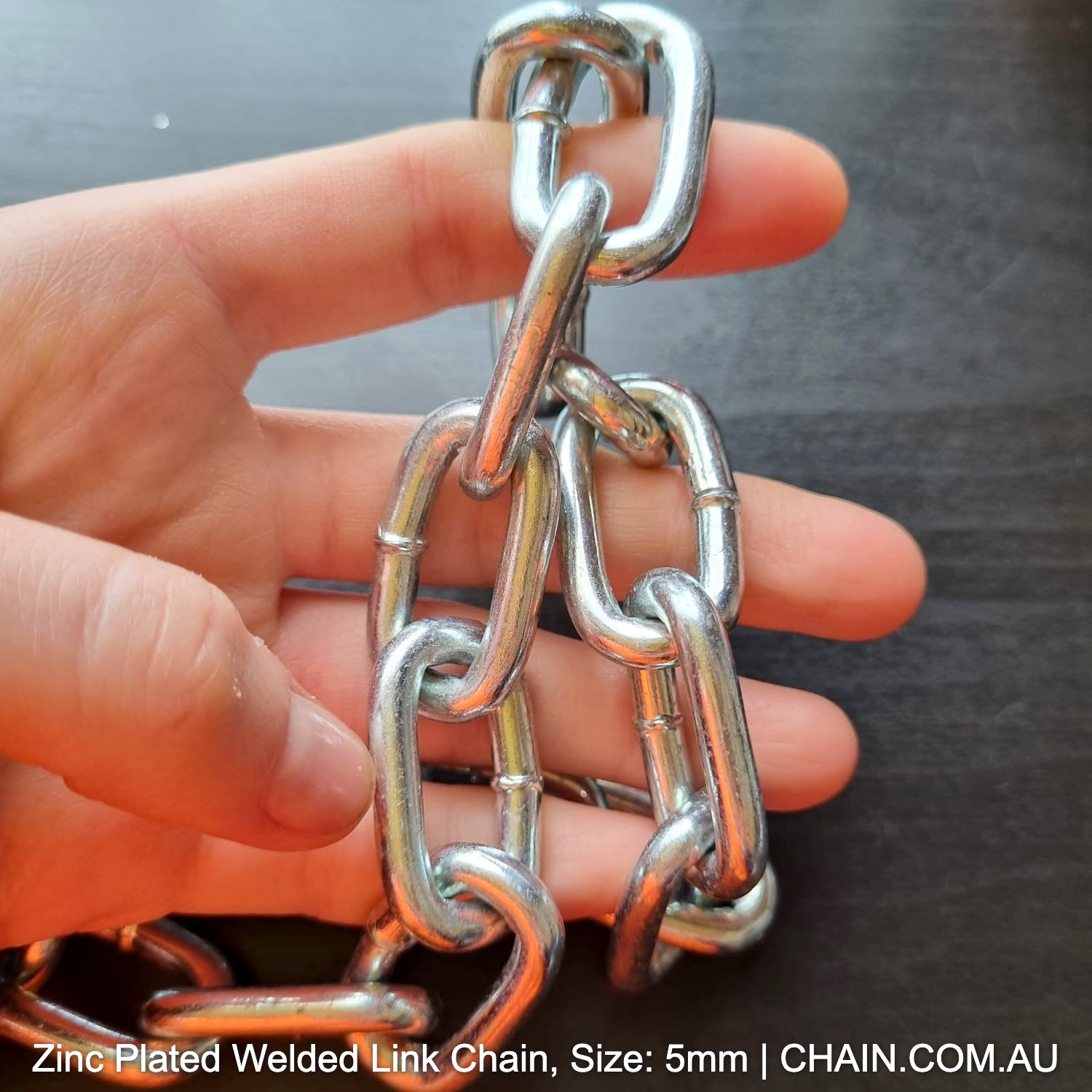 5mm zinc plated welded link chain. Order by the metre or bulk 25kg bucket. Australia wide delivery. Shop chain online chain.com.au