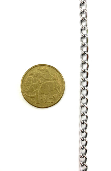 Attractive decorative curb chain (unwelded) in a chrome finish. Size: 1.2mm. By the metre. Melbourne Australia