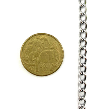 Attractive decorative curb chain (unwelded) in a chrome finish. Size: 1.2mm on a 30-metre reel. Melbourne Australia
