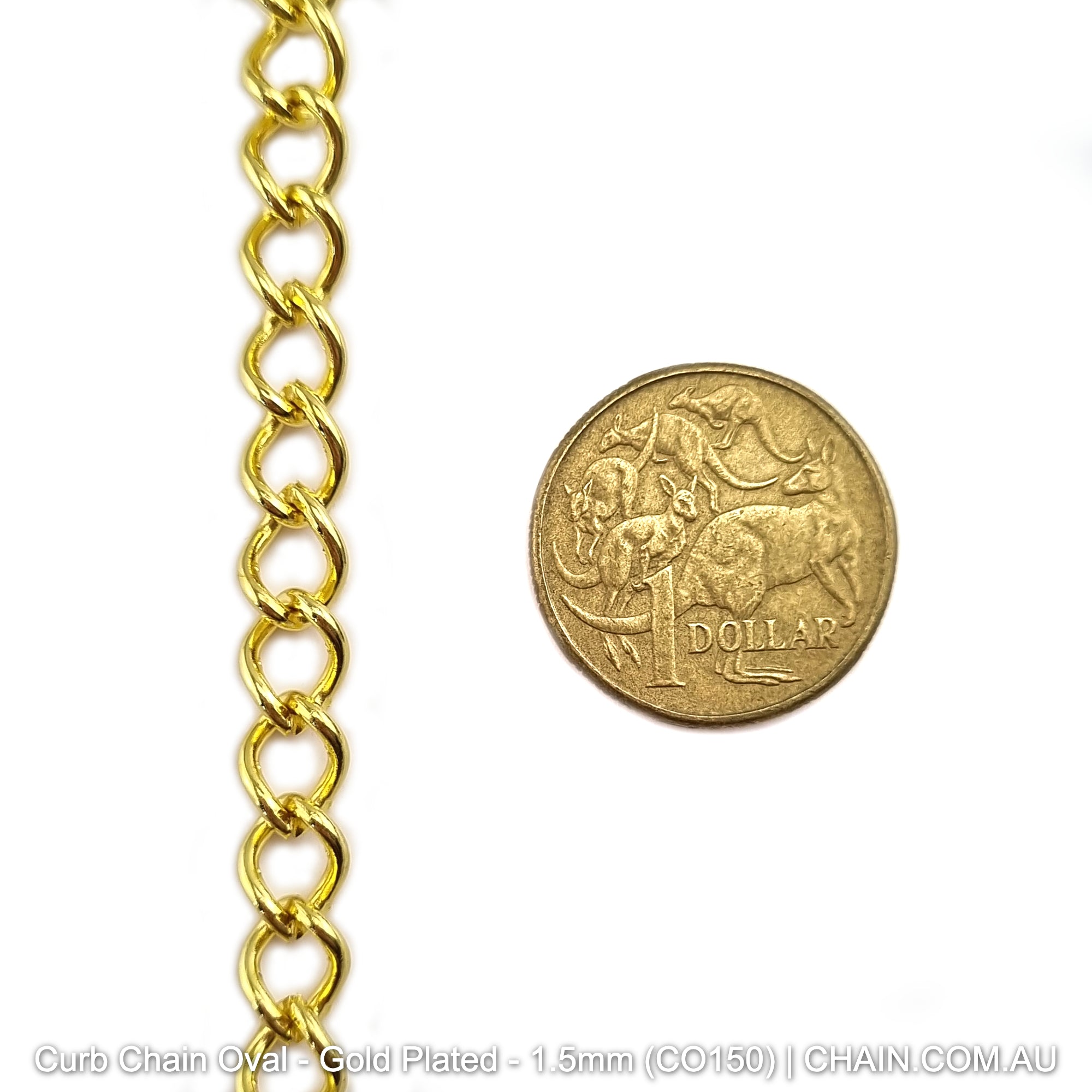 Oval Curb Chain in a Gold Plated Finish. Size: 1.5mm, CO150. Jewellery Chain, Australia wide shipping. Shop chain.com.au