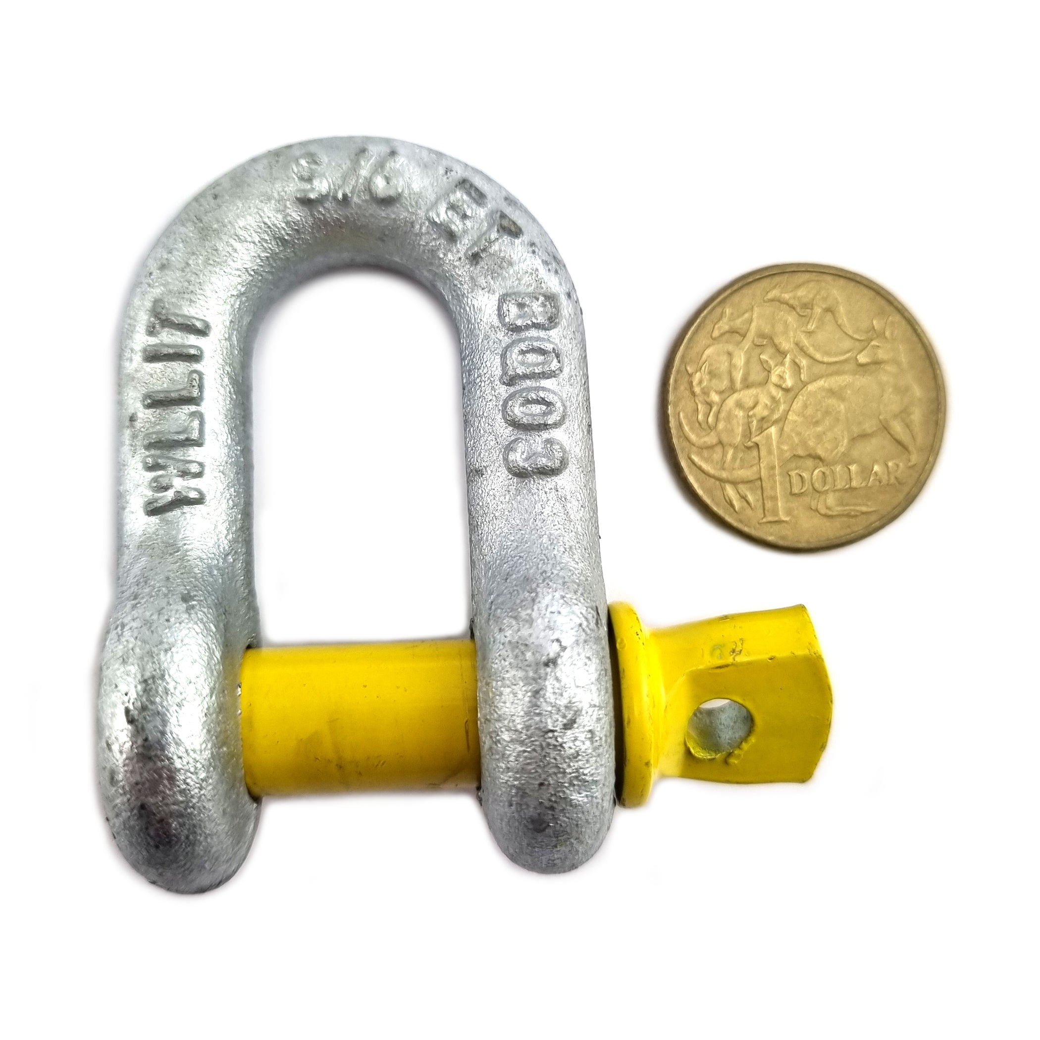 1 Tonne Rated (1000kg) Galvanised and yellow D shackles, grade S, rated D shackle. Australia wide shipping. Shop hardware chain.com.au