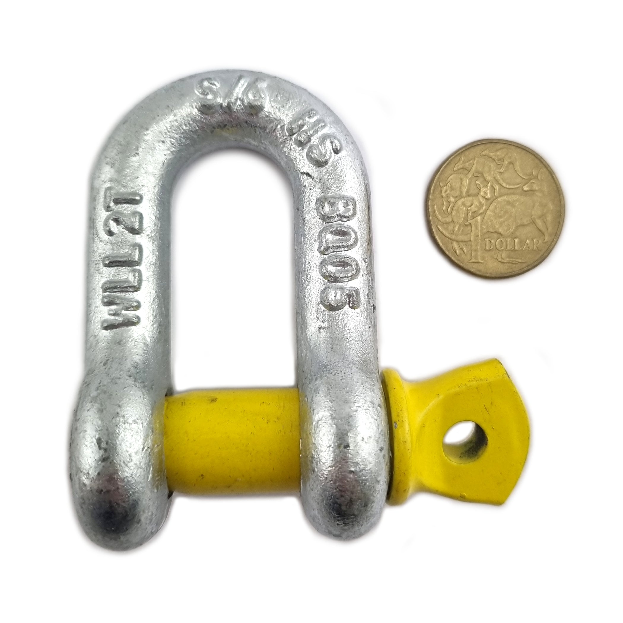 2 Tonne Rated (2000kg) Galvanised and yellow D shackles, grade S, rated D shackle. Australia wide shipping. Shop hardware chain.com.au