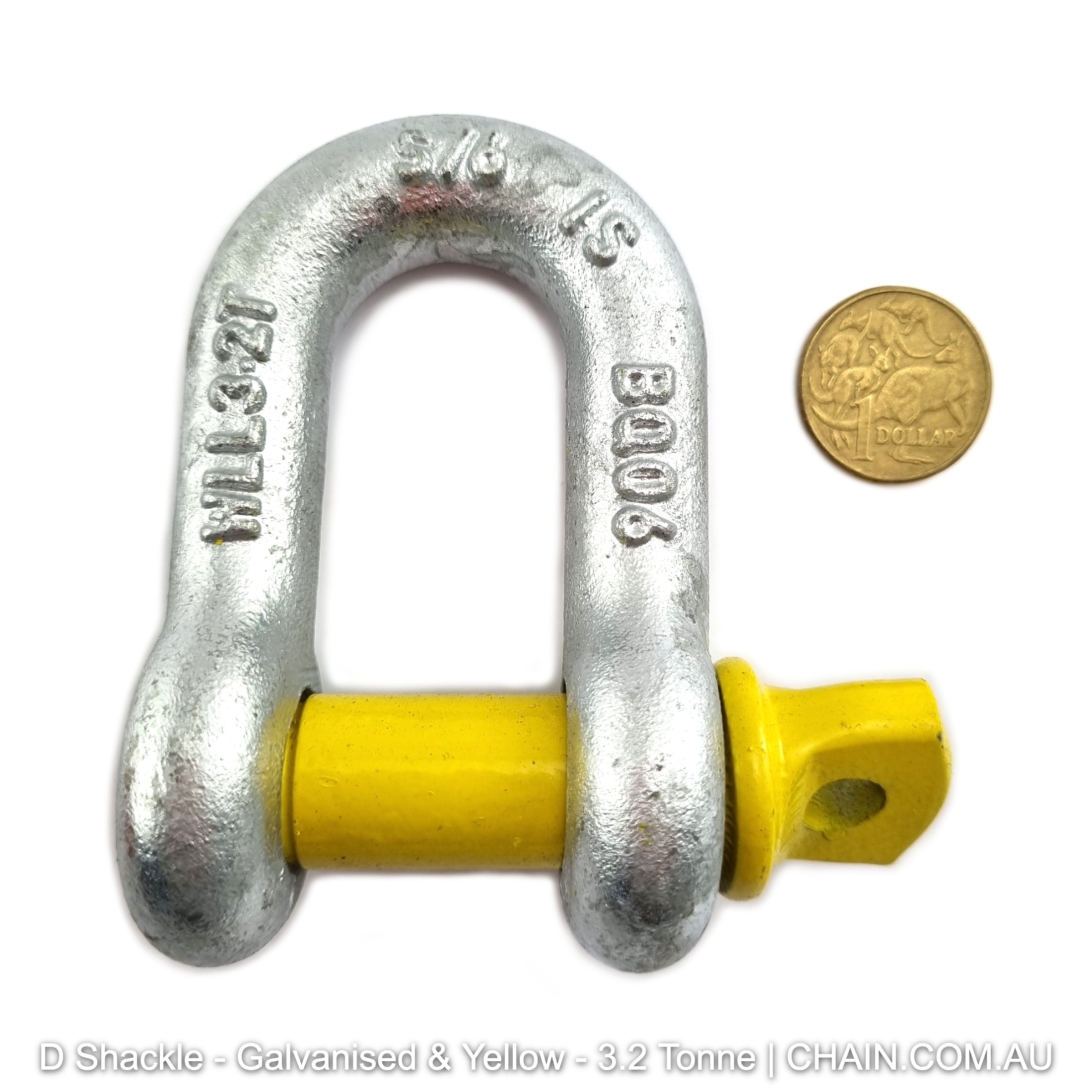 3.2 Tonne Rated (3200kg) Galvanised and yellow D shackles, grade S, rated D shackle. Australia wide shipping. Shop hardware chain.com.au