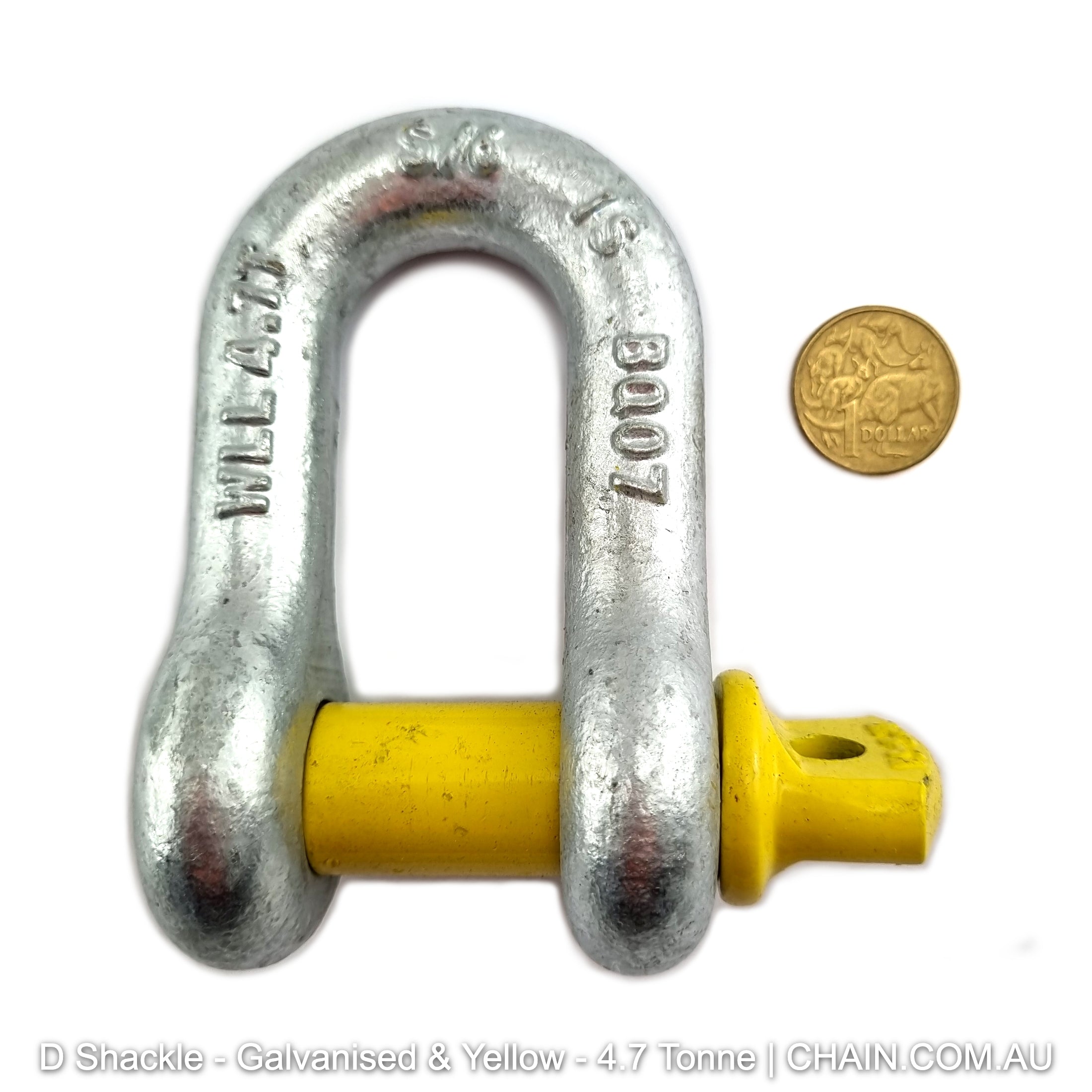 4.7 Tonne Rated (4700kg) Galvanised and yellow D shackles, grade S, rated D shackle. Australia wide shipping. Shop hardware chain.com.au