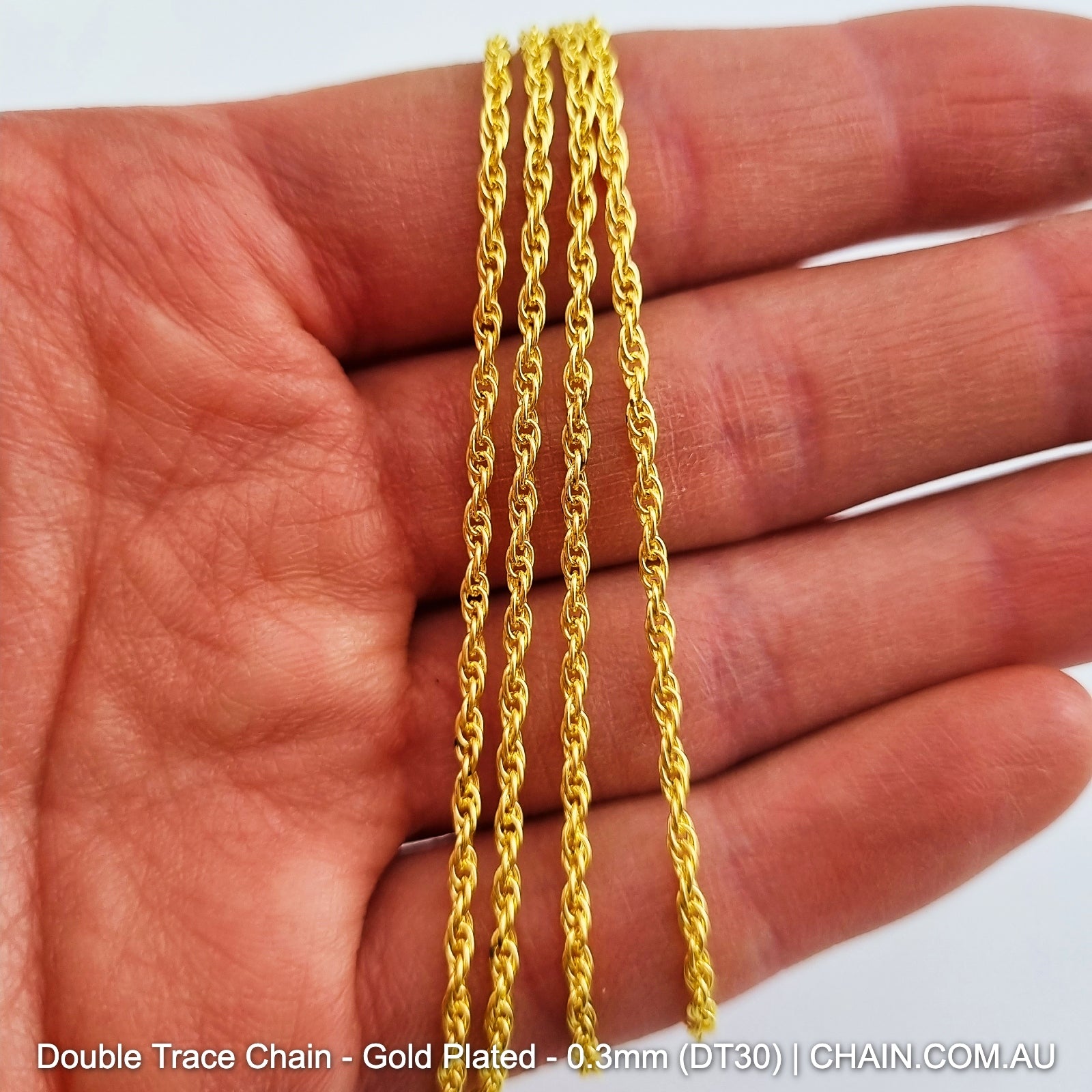 Double Trace Chain - Gold Plated. Size: 0.3mm (DT30), qty: 25-metres. Shop jewellery chain online. Australia wide shipping. Chain.com.au