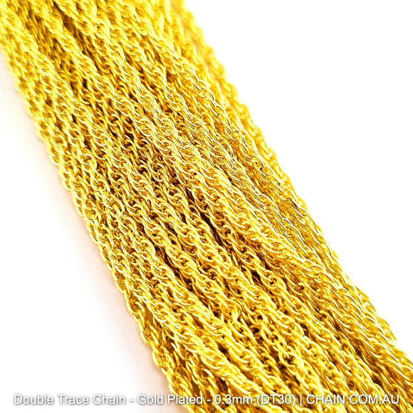 Double Trace Chain - Gold Plated. Size: 0.3mm (DT30), qty: 25-metres. Shop jewellery chain online. Australia wide shipping. Chain.com.au
