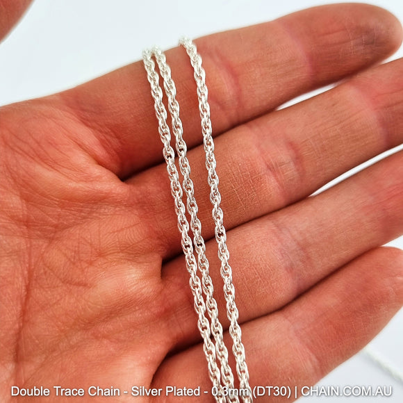 Double Trace Chain - Silver Plated. Size: 0.3mm x 25m. Shop jewellery chain online. Australia wide shipping. Chain.com.au