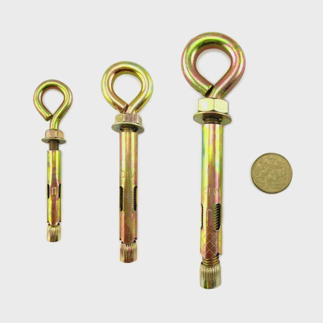 Eye anchor bolts in zinc passivated gold finish. Shop hardware online chain.com.au. Australia wide shipping.