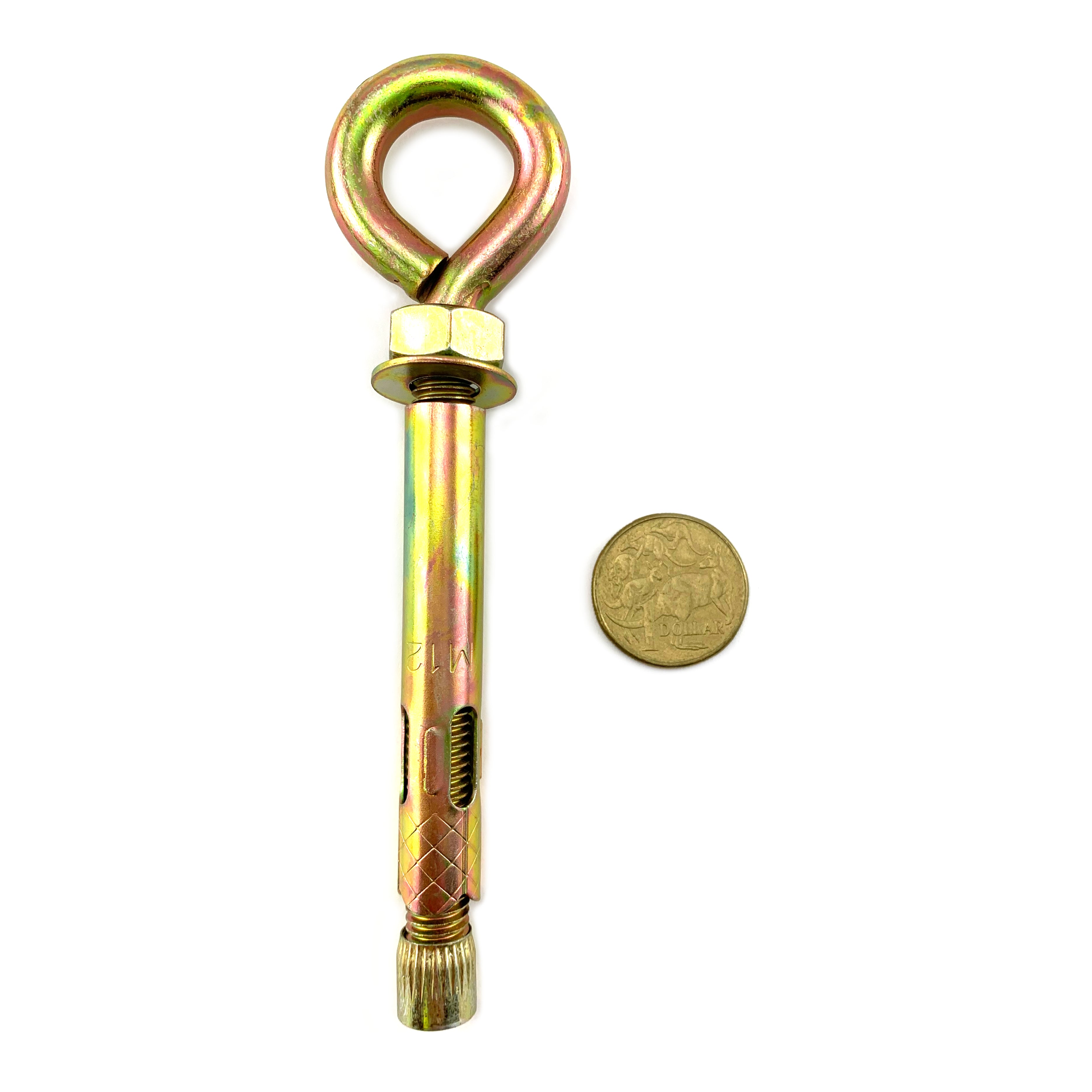 Eye anchor bolt in zinc passivated gold finish, size 10mm. Australia