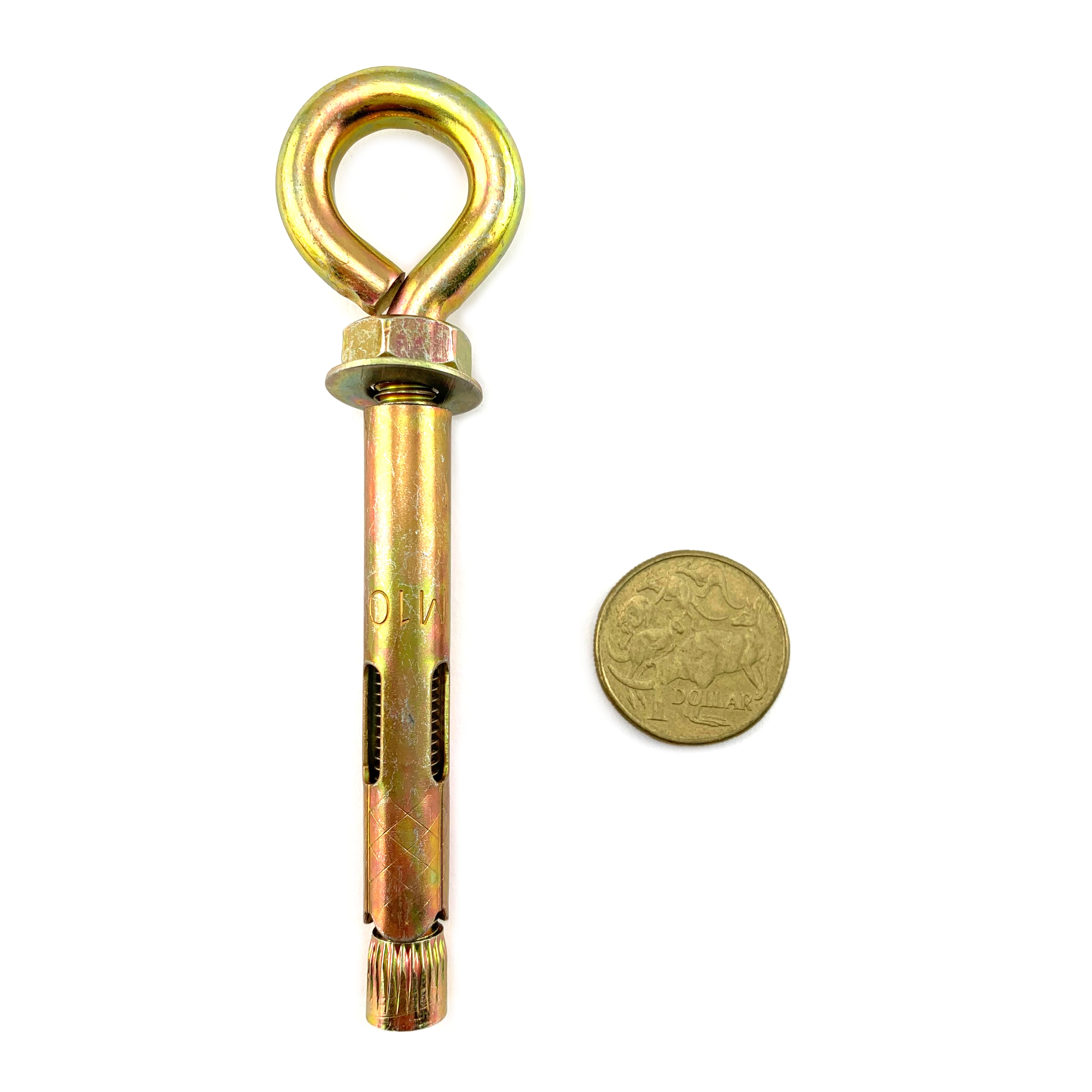 Eye anchor bolt in zinc passivated gold finish, size 8mm. Australia. Shop hardware online. Shipping or Melbourne click & collect