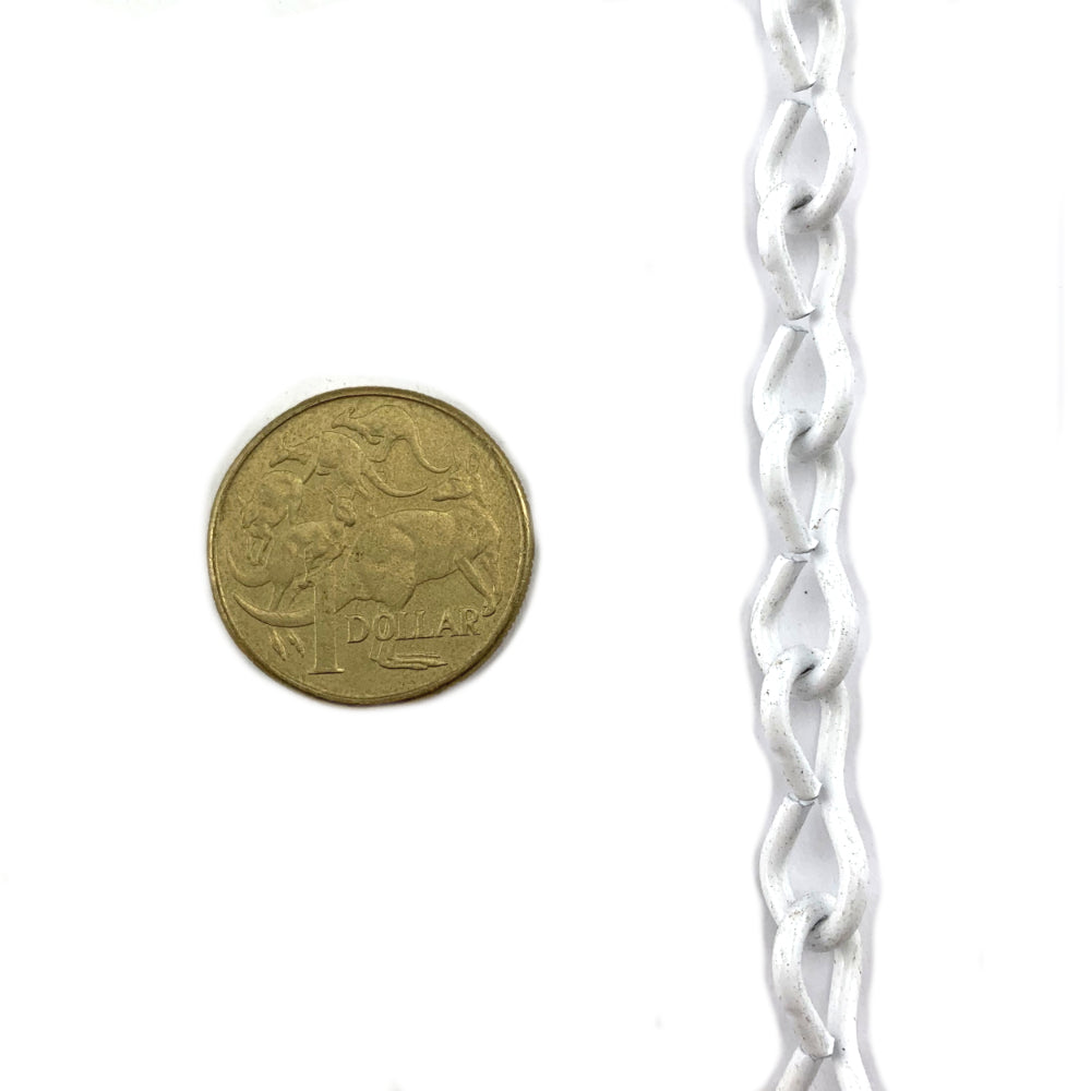 Commercial Jack Chain in white powder coated finish, size: 2mm, a quantity of 30m. Melbourne, Australia