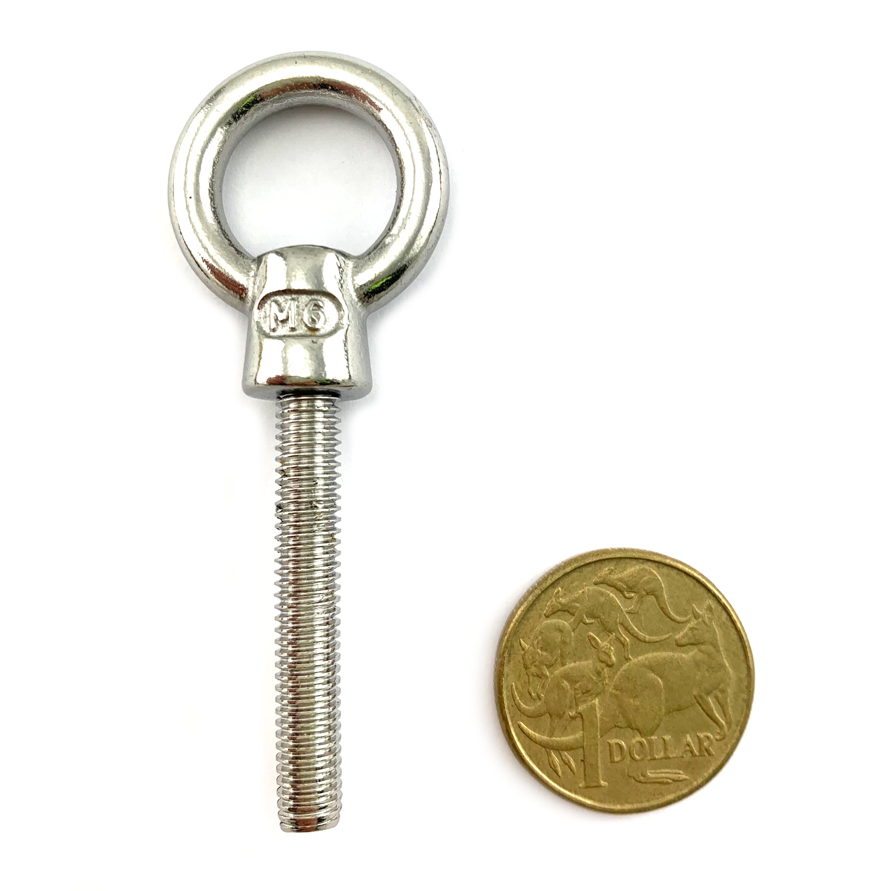 Stainless steel lifting eye bolt, size 6mm with a 47mm thread. Australia