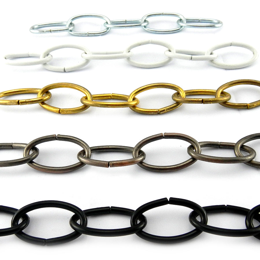 Lighting chain is available in antique bronze, black, chrome, gold and white. Contact us direct to order by the metre. Australia