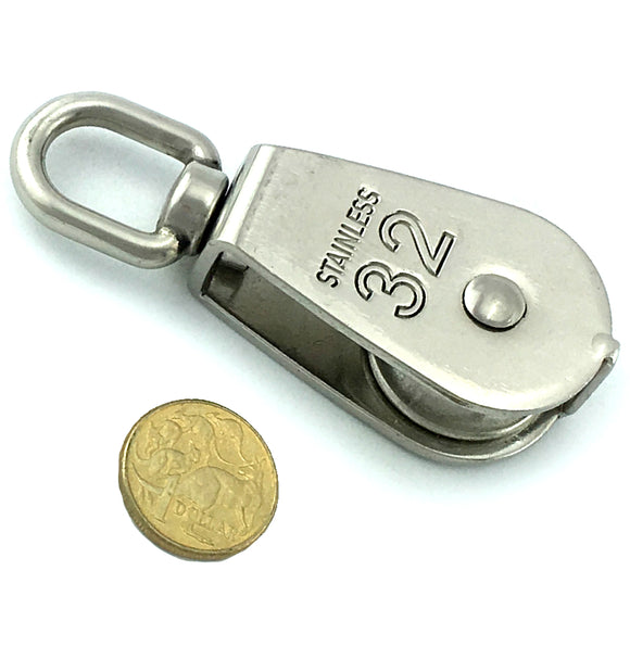 Single Pully 32mm made of marine grade type 316 stainless steel. Melbourne Australia.
