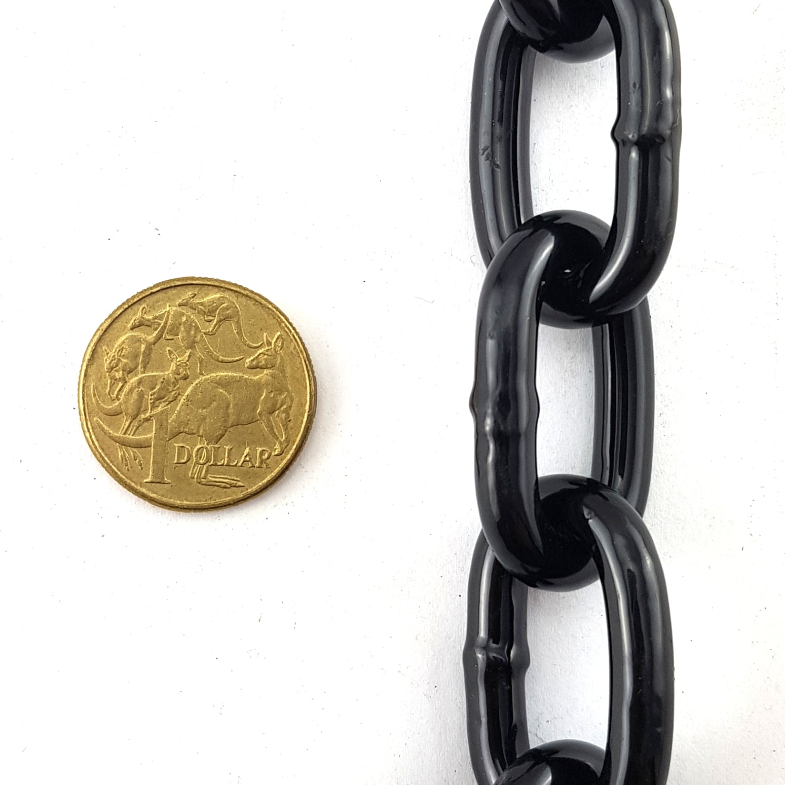 Black powder coated welded steel chain, size 6mm. Order chain by the metre. Australia wide delivery.