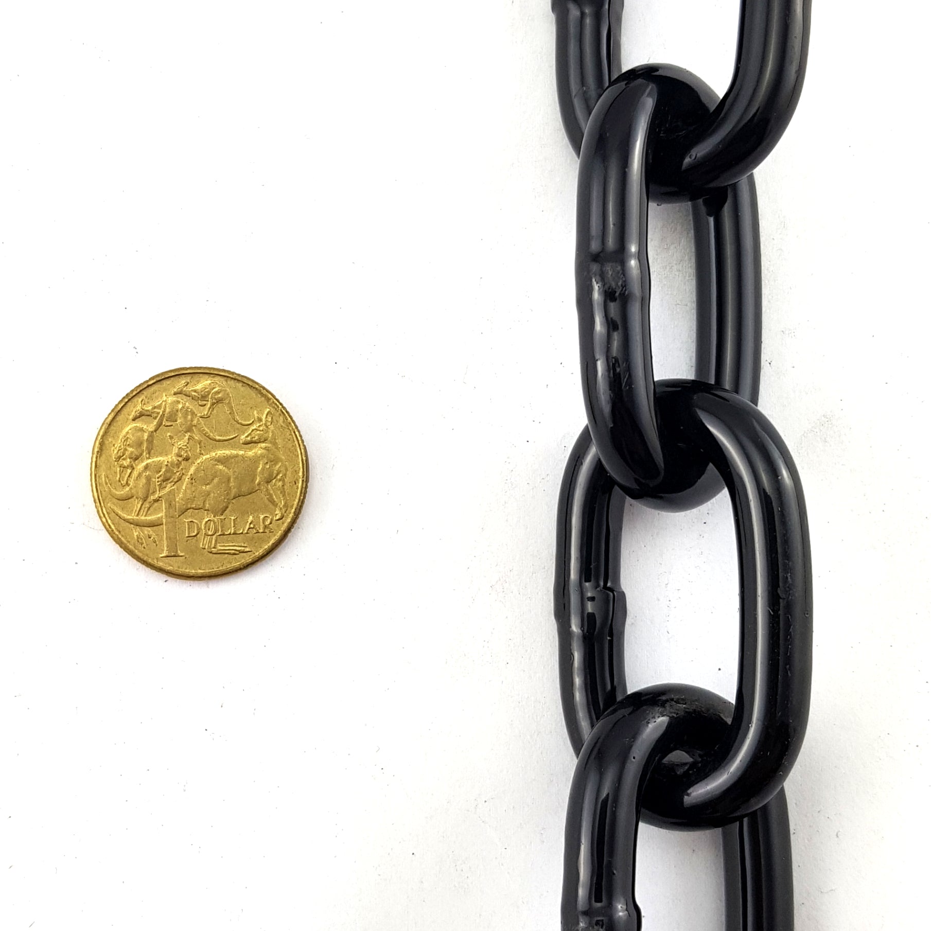 Black powder coated steel chain, size 8mm in a 25kg bucket. Australia wide delivery.