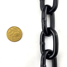 Black powder coated steel chain, size 8mm in a 25kg bucket. Australia wide delivery.