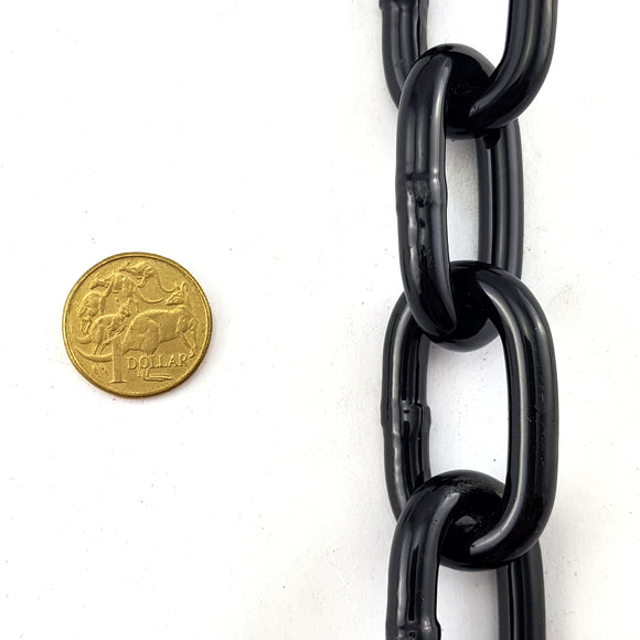 Black powder coated steel chain, size 8mm in a 25kg bucket. Australia wide delivery.
