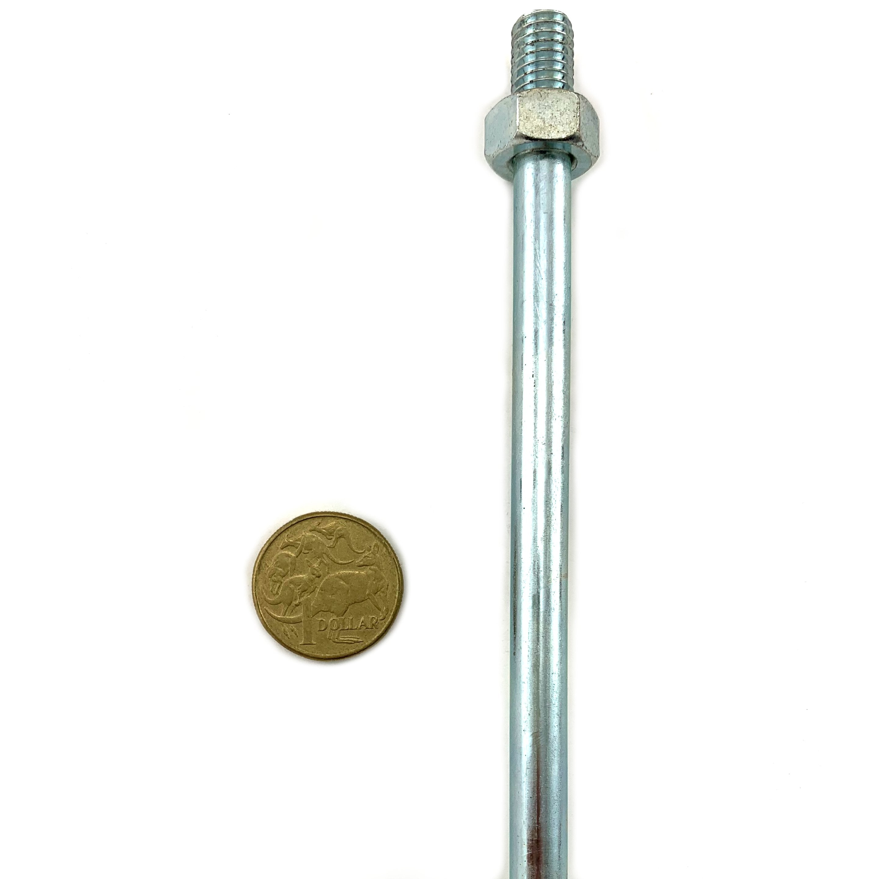 Threaded rod, zinc plated, 10mm thread, 9mm wire. Includes 2 nuts. Melbourne, Australia.