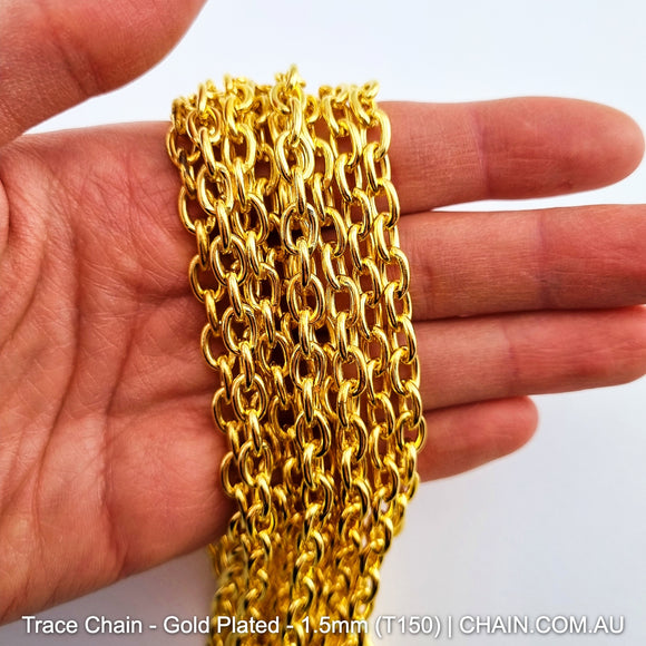 Trace Chain in a Gold Plated Finish. Size: 1.5mm, T150. Jewellery Chain, Australia wide shipping. Shop chain.com.au