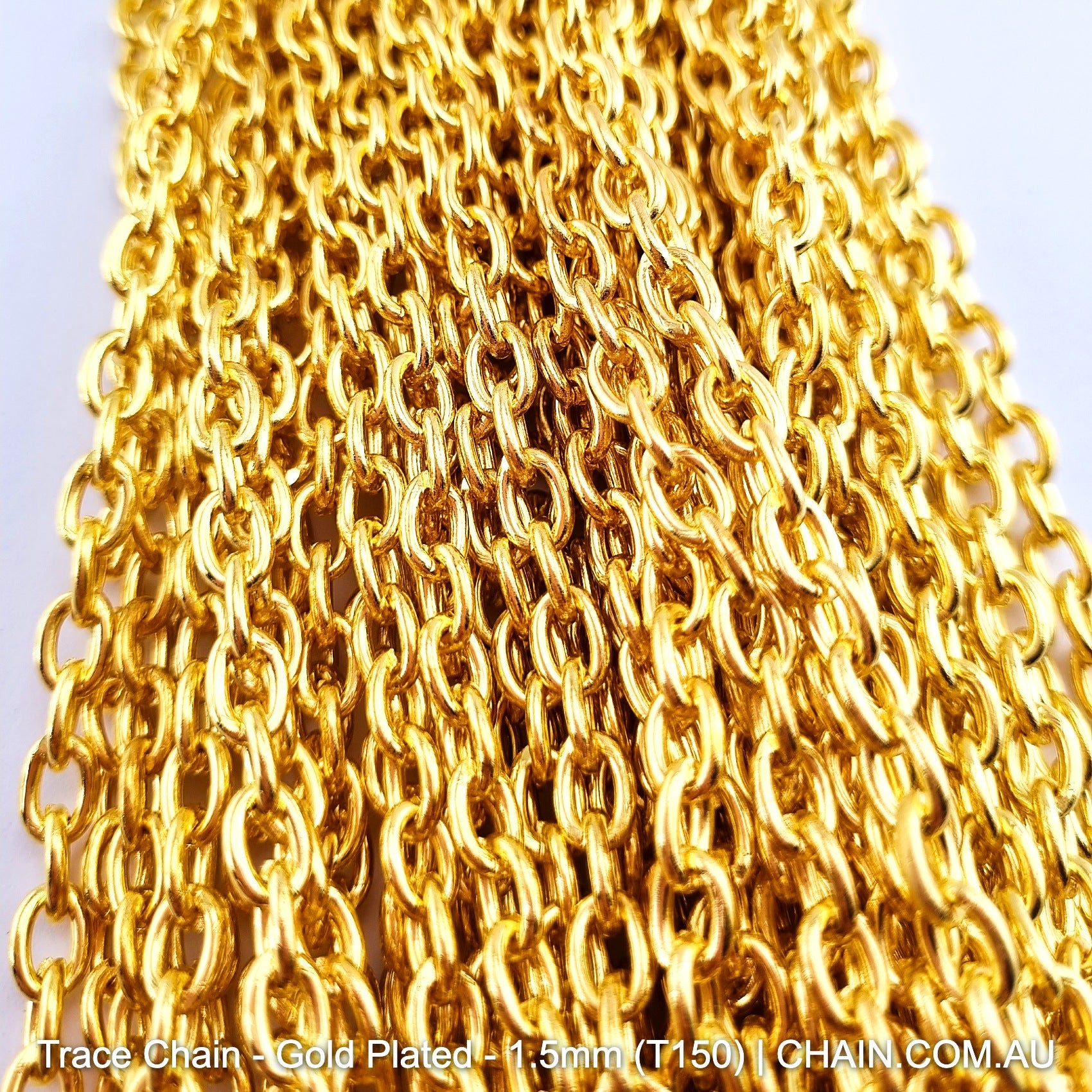 Trace Chain in a Gold Plated Finish. Size: 1.5mm, T150. Jewellery Chain, Australia wide shipping. Shop chain.com.au