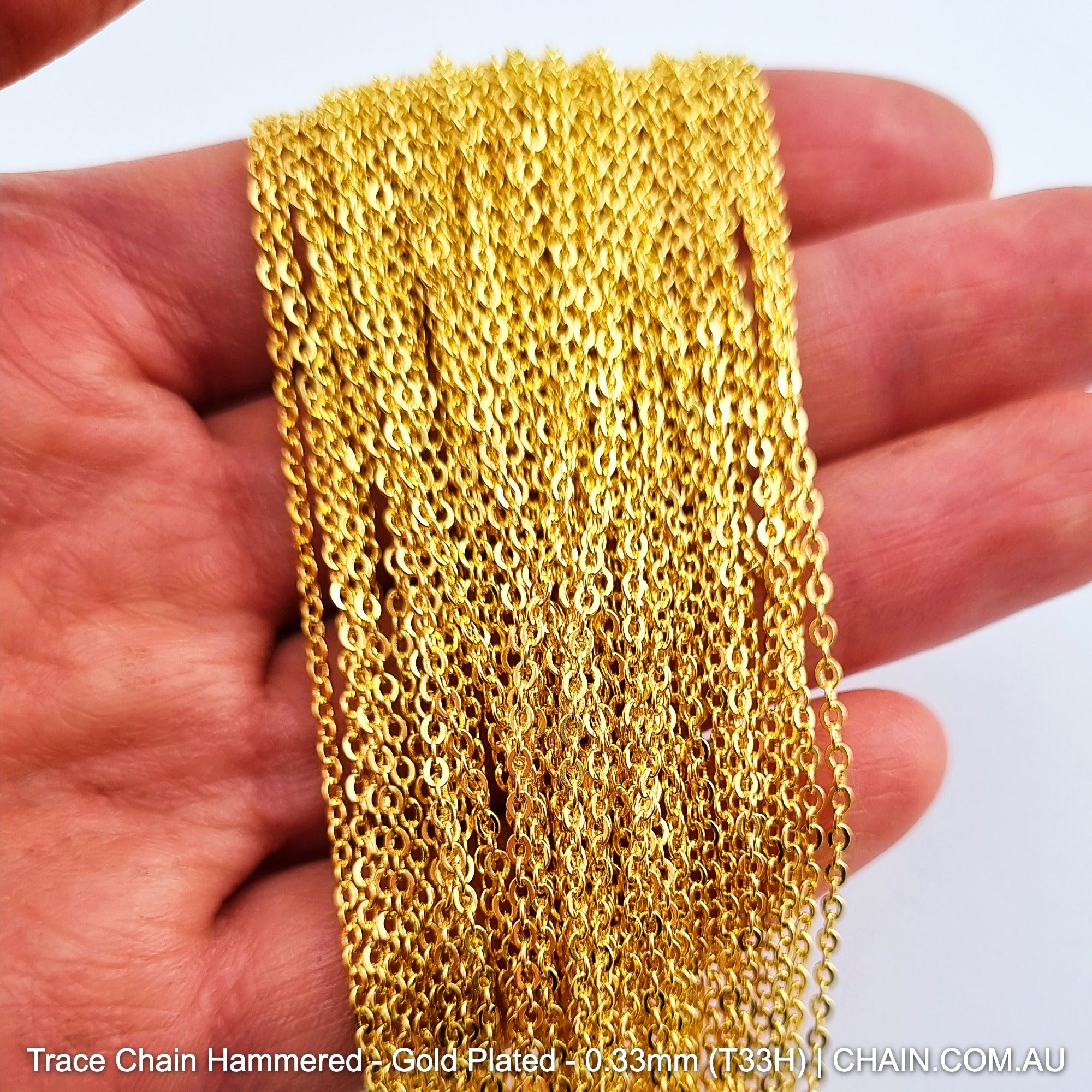 Hammered Trace Chain in a Gold Plated Finish. Size: 0.33mm, T33H. Jewellery Chain, Australia wide shipping. Shop chain.com.au