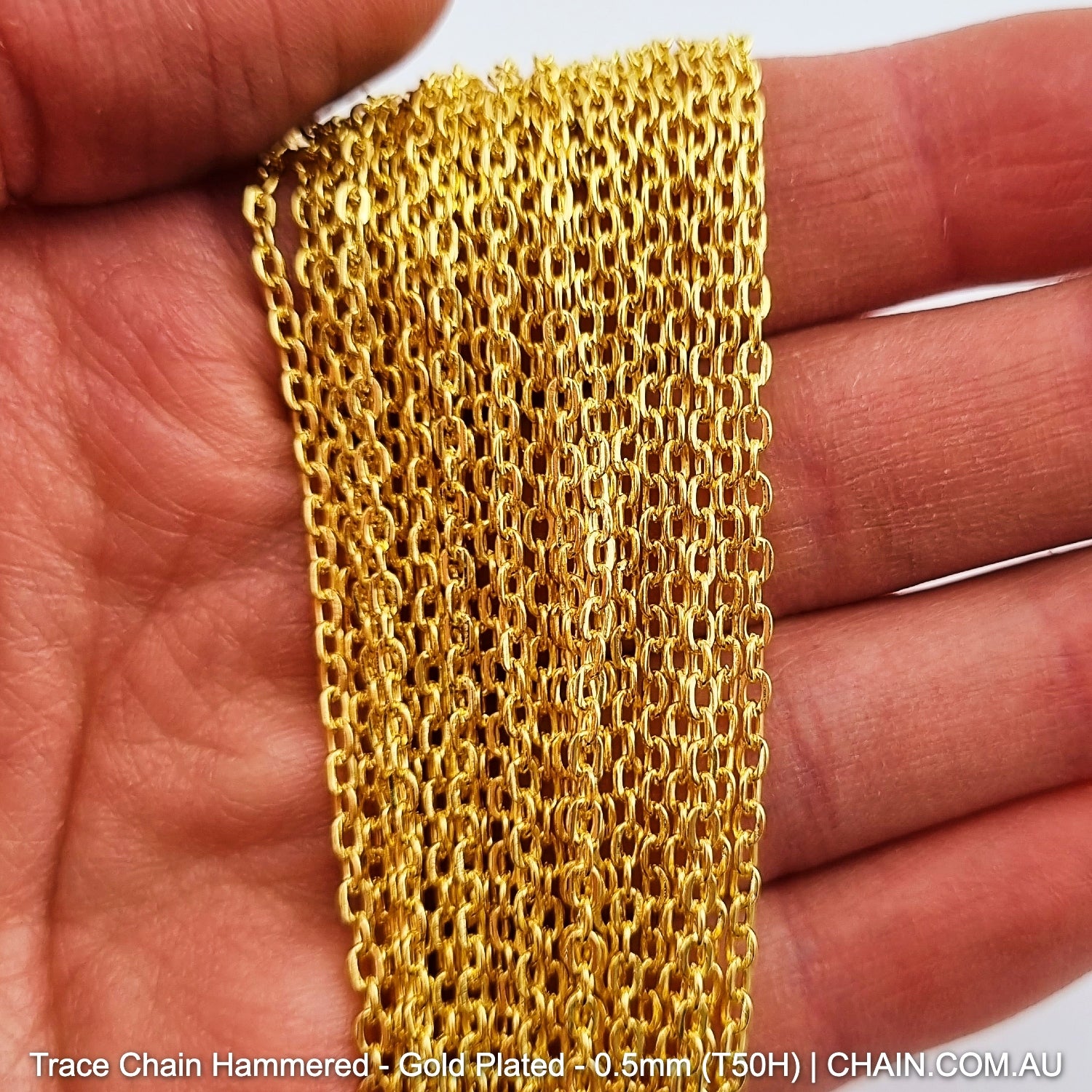 Hammered Trace Chain in a Gold Plated Finish. Size: 0.5mm, T50H. Jewellery Chain, Australia wide shipping. Shop chain.com.au