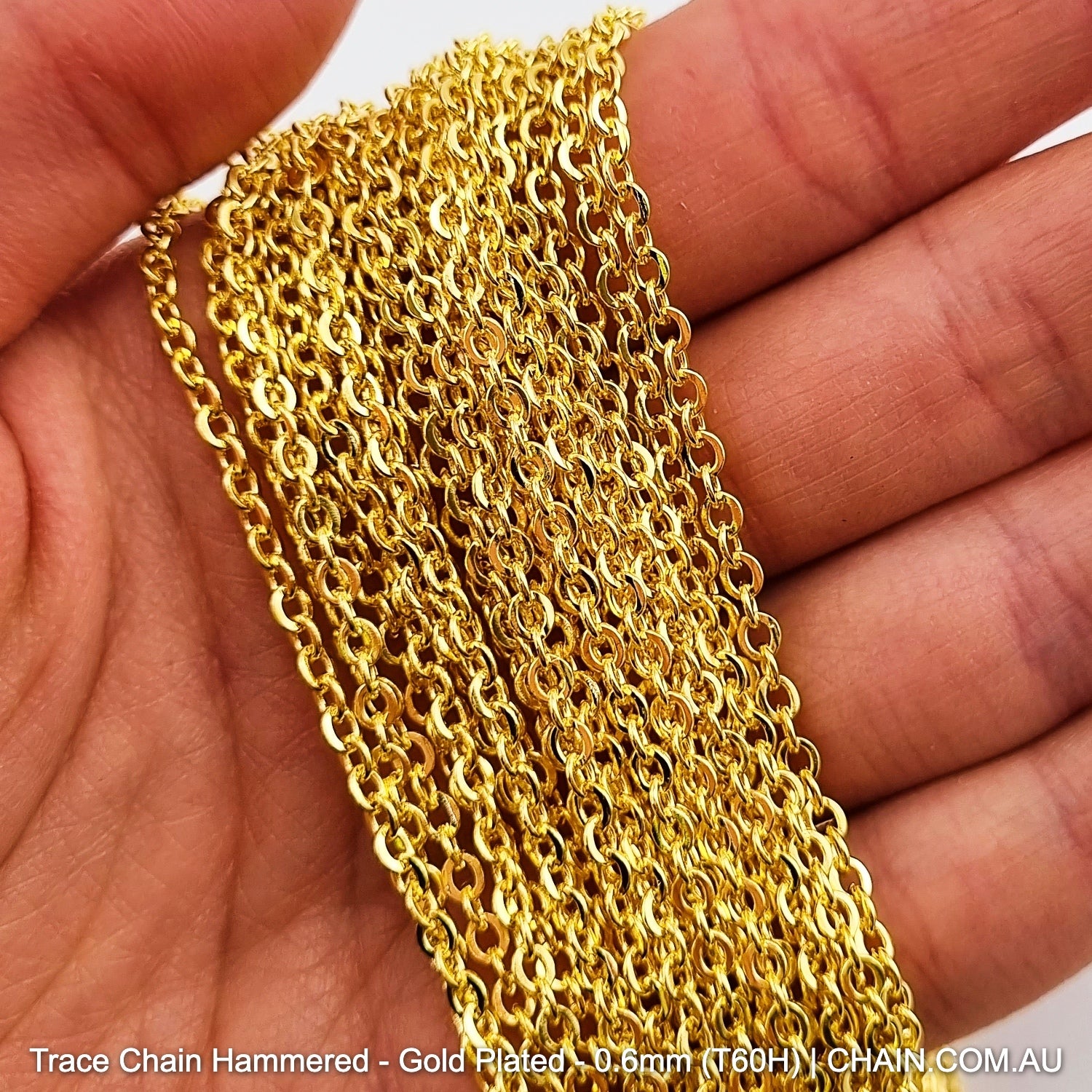 Hammered Trace Chain in a Gold Plated Finish. Size: 0.6mm, T60H. Jewellery Chain, Australia wide shipping. Shop chain.com.au