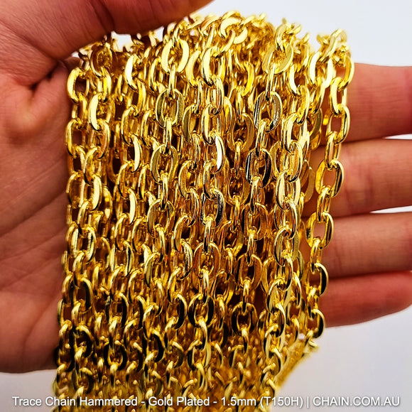 Hammered Trace Chain in a Gold Plated Finish. Size: 1.5mm, T150H. Jewellery Chain, Australia wide shipping. Shop chain.com.au
