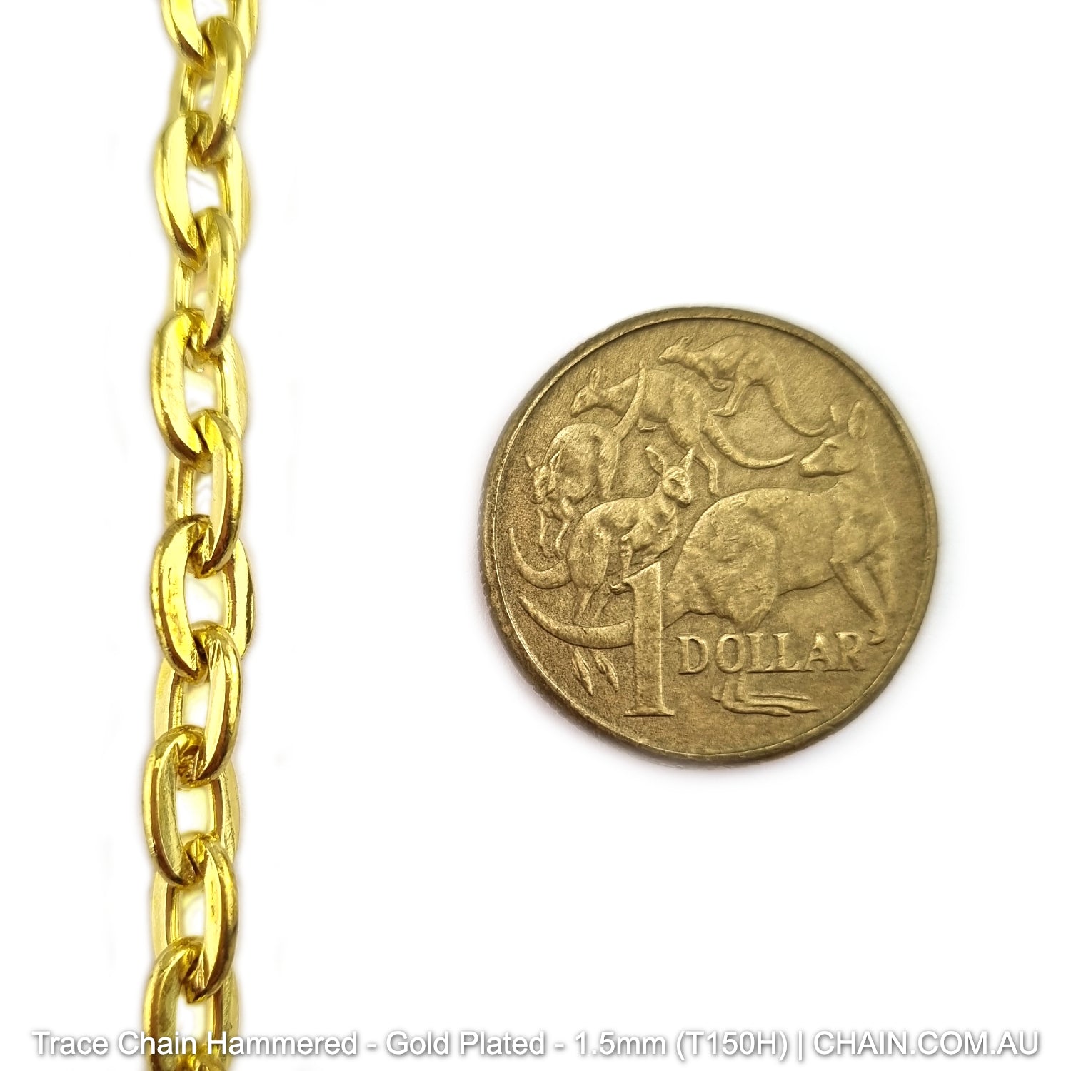 Hammered Trace Chain in a Gold Plated Finish. Size: 1.5mm, T150H. Jewellery Chain, Australia wide shipping. Shop chain.com.au