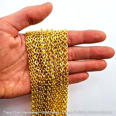 Hammered Trace Chain in a Gold Plated Finish. Size: 1.0mm, T100H. Jewellery Chain, Australia wide shipping. Shop chain.com.au