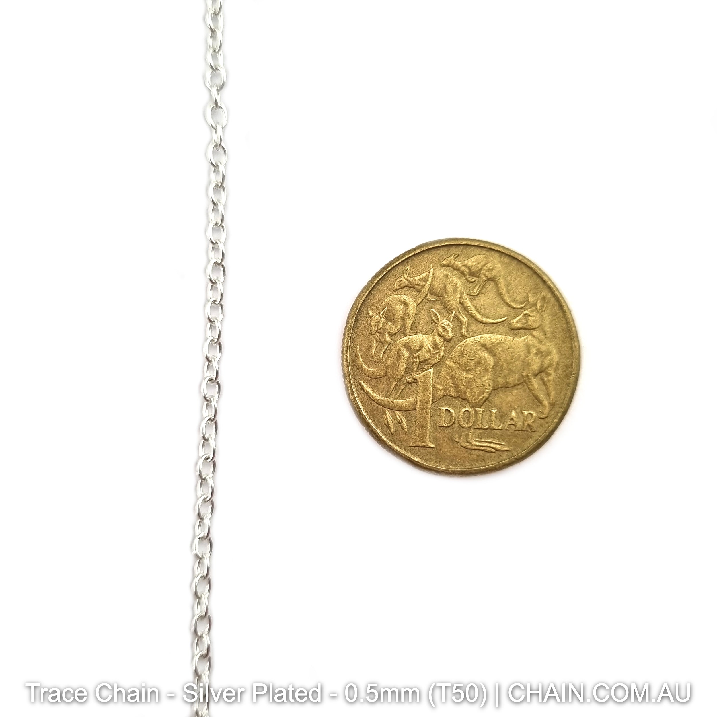 Trace Chain in a Silver Plated Finish. Size: 0.5mm, T50. Jewellery Chain, Australia wide shipping. Shop chain.com.au