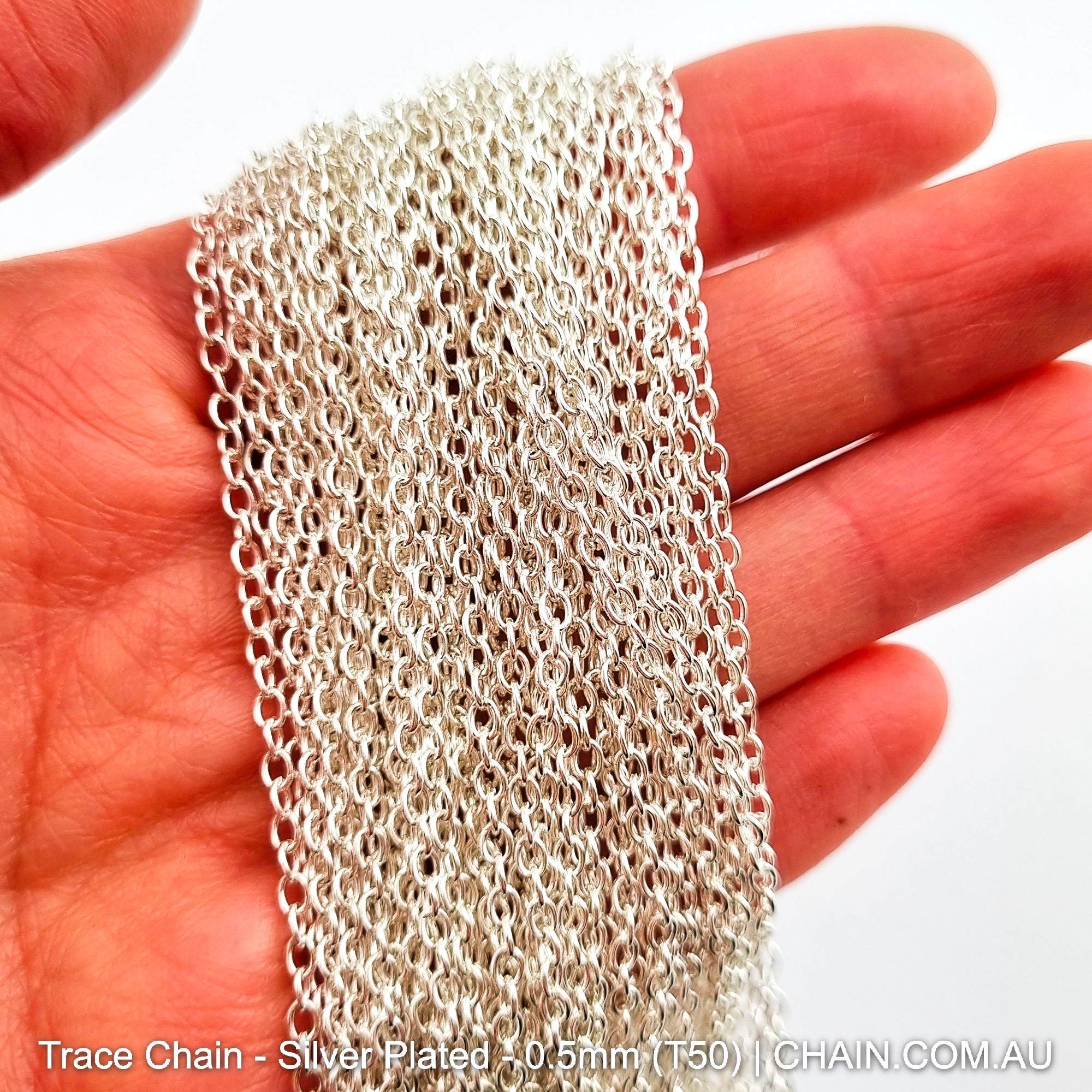 Trace Chain in a Silver Plated Finish. Size: 0.5mm, T50. Jewellery Chain, Australia wide shipping. Shop chain.com.au
