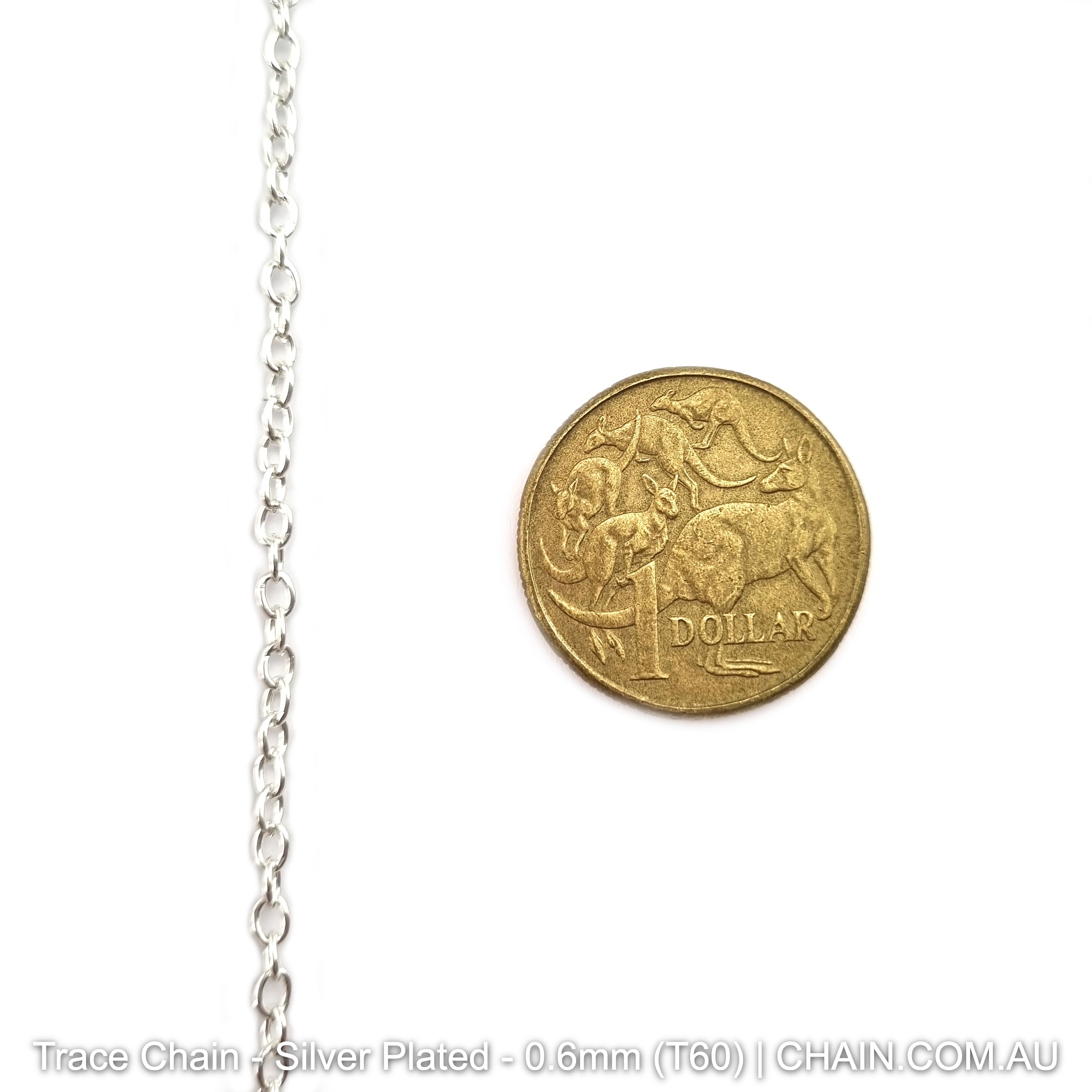 Trace Chain in a Silver Plated Finish. Size: 0.6mm, T60. Jewellery Chain, Australia wide shipping. Shop chain.com.au