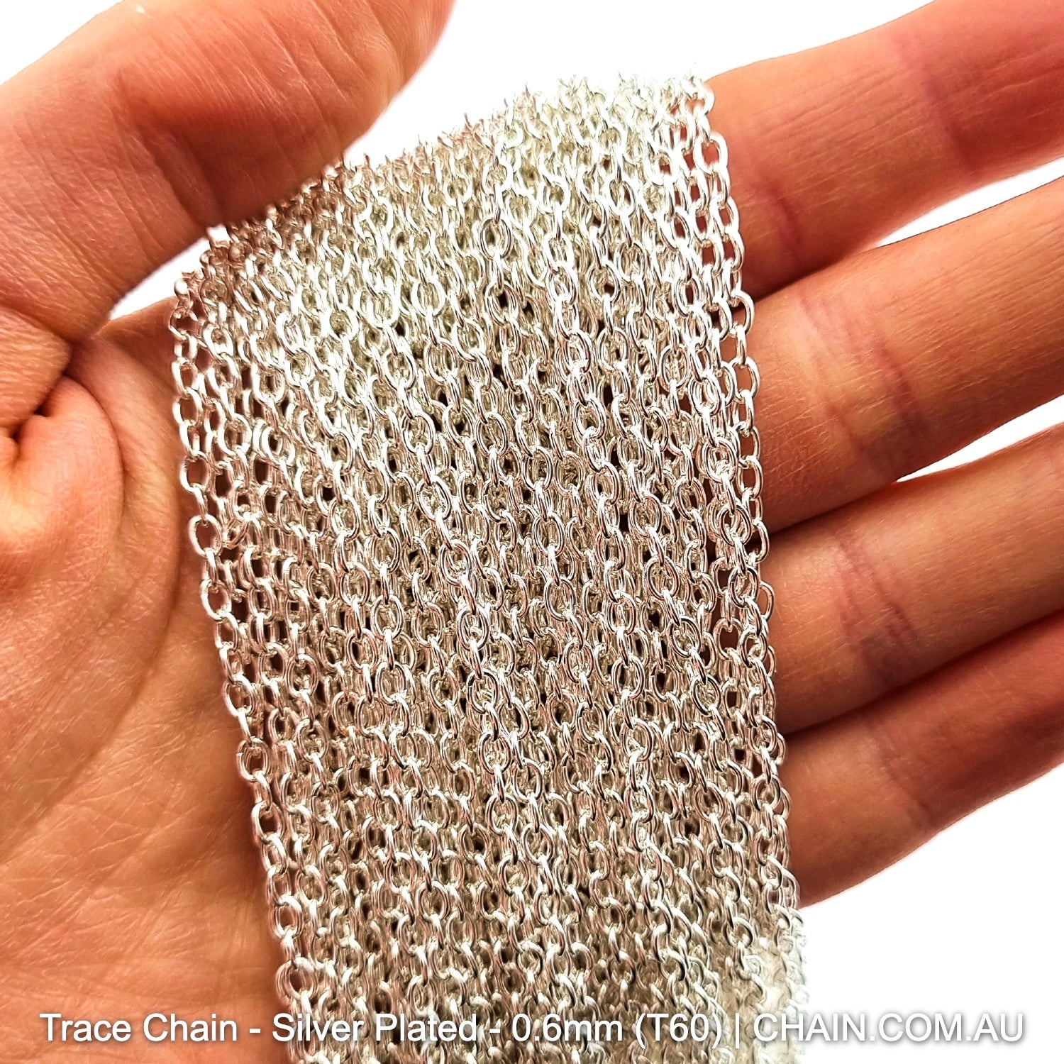 Trace Chain in a Silver Plated Finish. Size: 0.6mm, T60. Jewellery Chain, Australia wide shipping. Shop chain.com.au