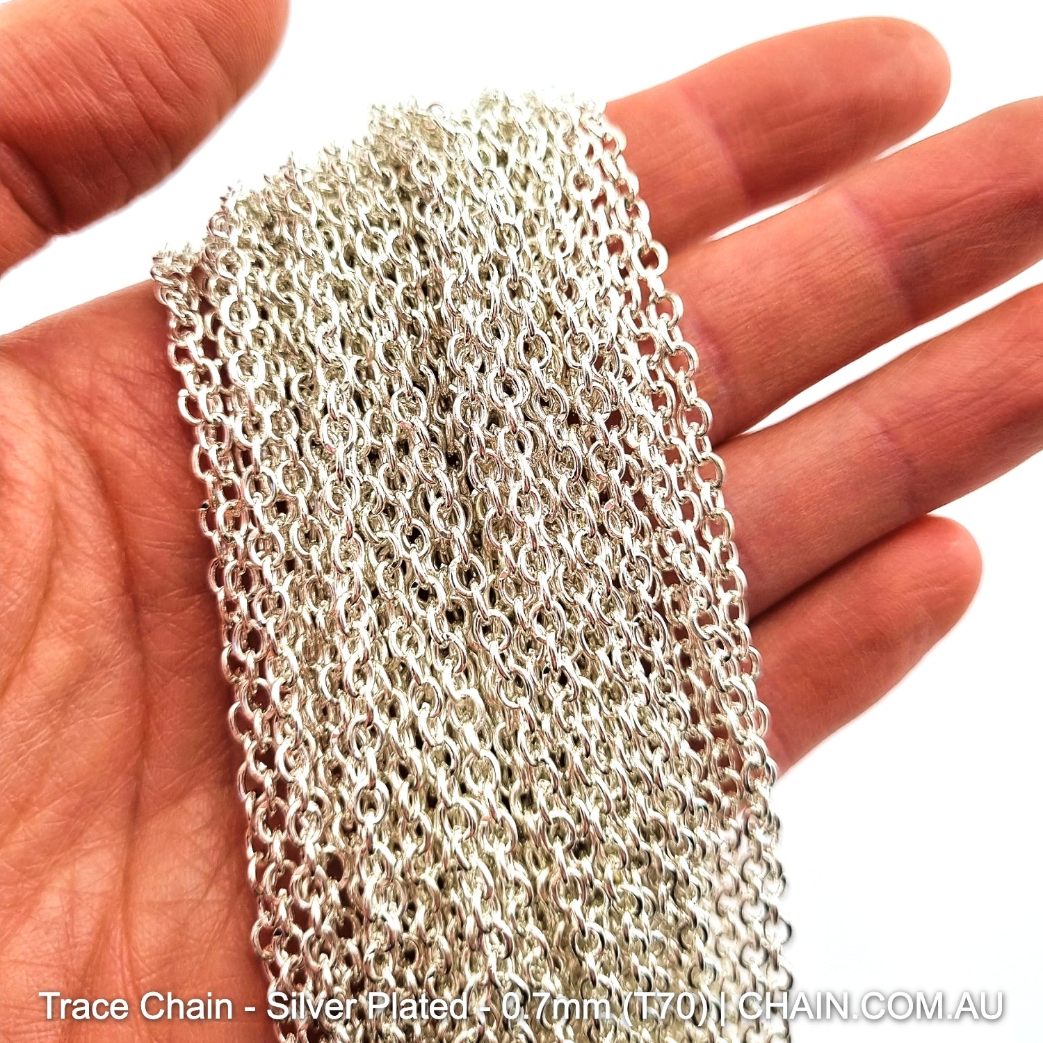Trace Chain in a Silver Plated Finish. Size: 0.7mm, T70. Jewellery Chain, Australia wide shipping. Shop chain.com.au