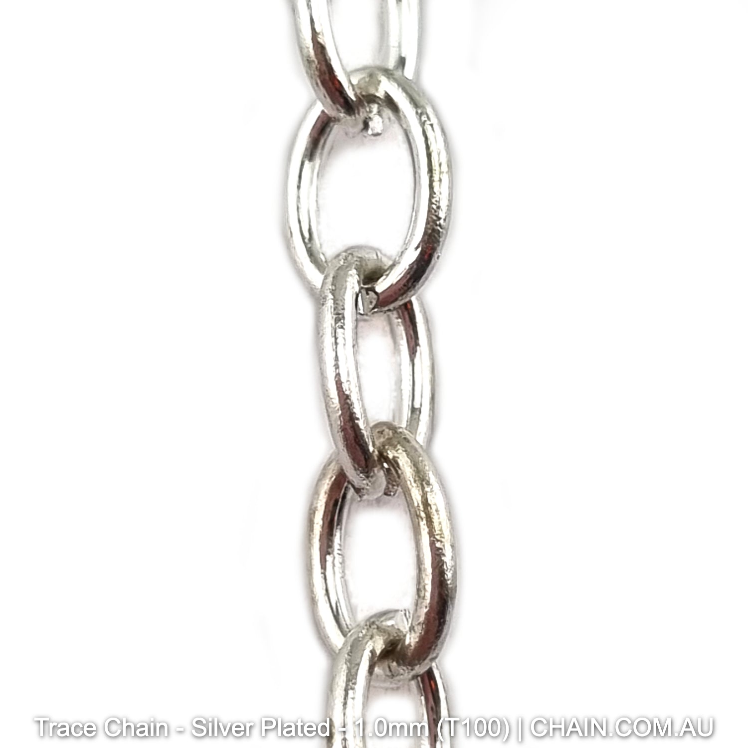 Trace Chain in a Silver Plated Finish. Size: 1.0mm, T100. Jewellery Chain, Australia wide shipping. Shop chain.com.au