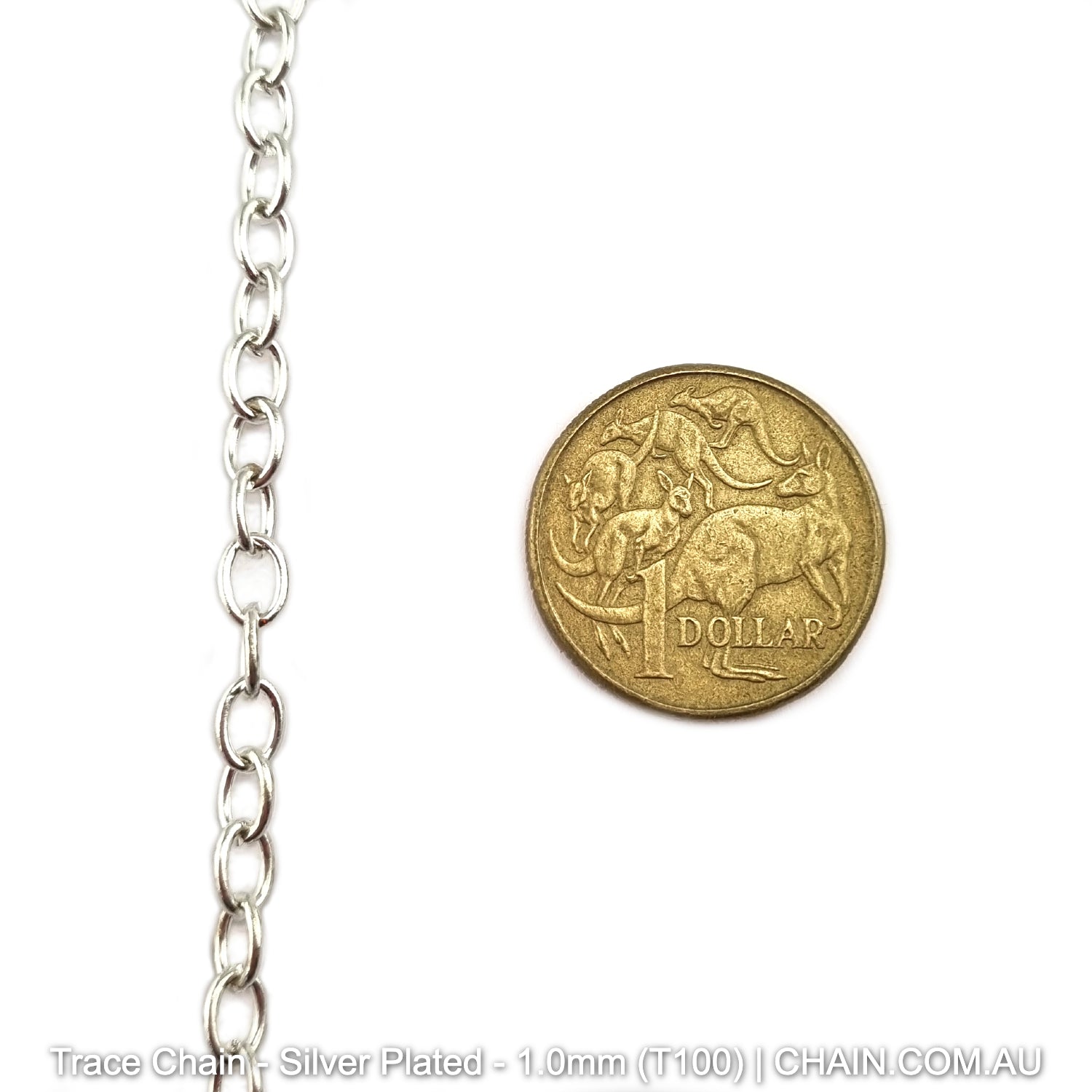 Trace Chain in a Silver Plated Finish. Size: 1.0mm, T100. Jewellery Chain, Australia wide shipping. Shop chain.com.au