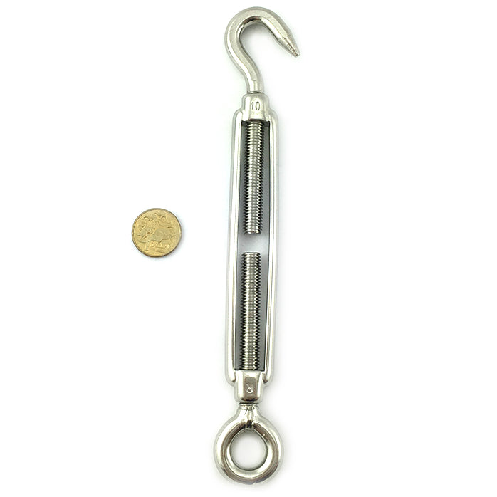 Open Body Turnbuckle - Stainless Steel - Hook and Eye - Size 10mm. Melbourne Australia.
