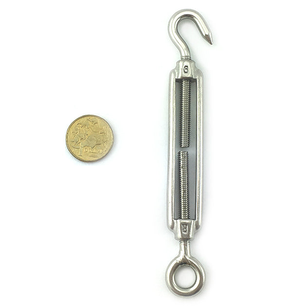 Open Body Turnbuckle - Stainless Steel - Hook and Eye Size 6mm. Melbourne Australia
