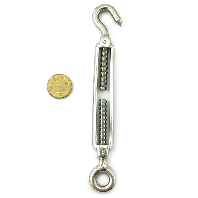 Open Body Turnbuckle - Stainless Steel - Hook and Eye - Size 8mm. Melbourne Australia