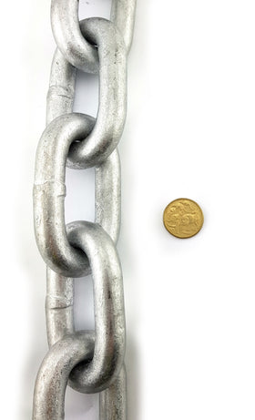 Commercial grade galvanised welded link chain, size 16mm, in a 25kg bucket, a quantity of 4.5 metres. Melbourne, Australia